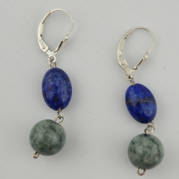 Sterling Silver 925 Lapis & Green Stone Dangle Earrings Leverback 2" Drop - Picture 6 of 8